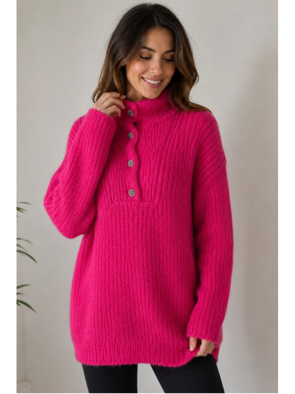 Express London Pink Rhinestone Button Sweater Womens S Oversized Chunky Knit